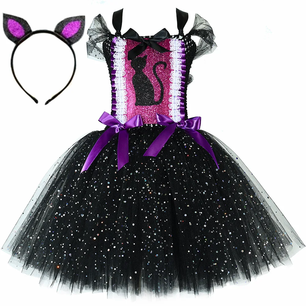 Glitter Black Cat Costume for Girls Carnival Birthday Party Fancy Tulle Tutu Dress Toddler Kids Halloween Animal Kitten Costumes