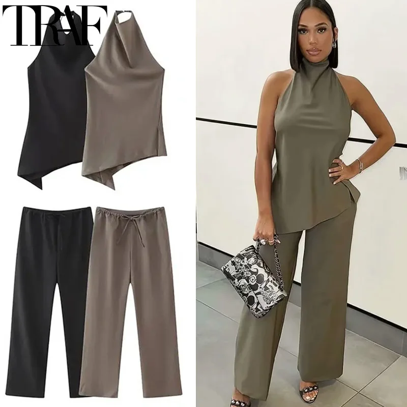 TRAF Off Shoulder Tops For Women Sleeveless Halter Neck Asymmetrical Top Woman Summer Backless Black Top Youth Ladies Tops