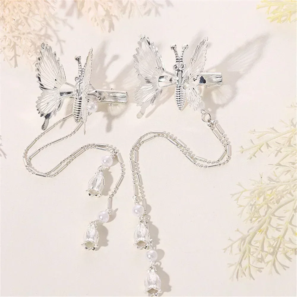 2pcs Moving Butterfly Hairpin Elegant Trembling Butterfly Side Clip Tassel Women Vintage Hairpin Headdress Accessory Gold Silver