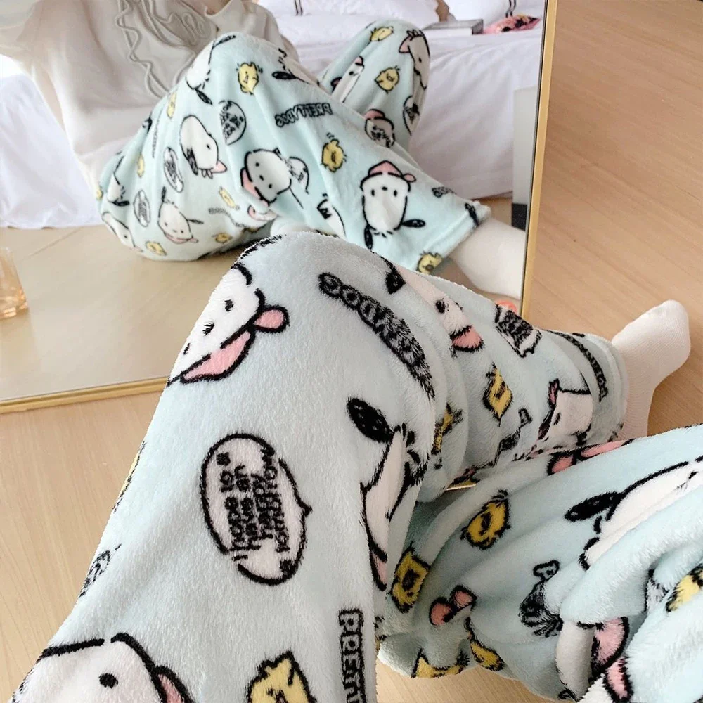 Kawaii Pochacco Women Plush Pajama Pants Sanrioed Anime Hello Kitty Trousers Winter Plus Velvet Warm Pants Leisure Home Fashion