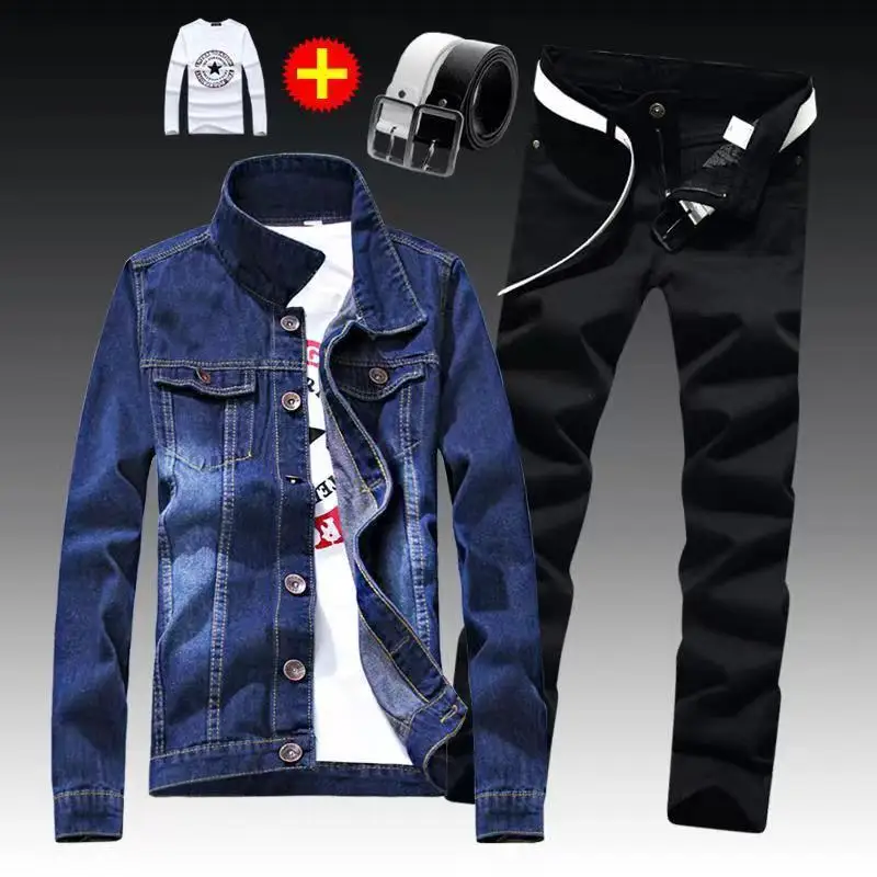 Men Denim Set Hip Hop New Spring Autumn Men\'s Denim Jacket Holes Single Breasted Coat Jeans Pants Suit