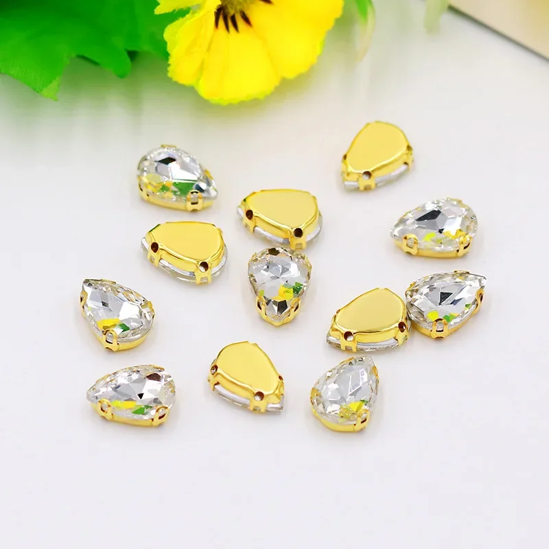 10Pcs Transparent Zircon Crystal Gold Bottom Water Drop Hand Sewing Claw DIY Handmade Hair Clip Jewelry Keychain Decoration