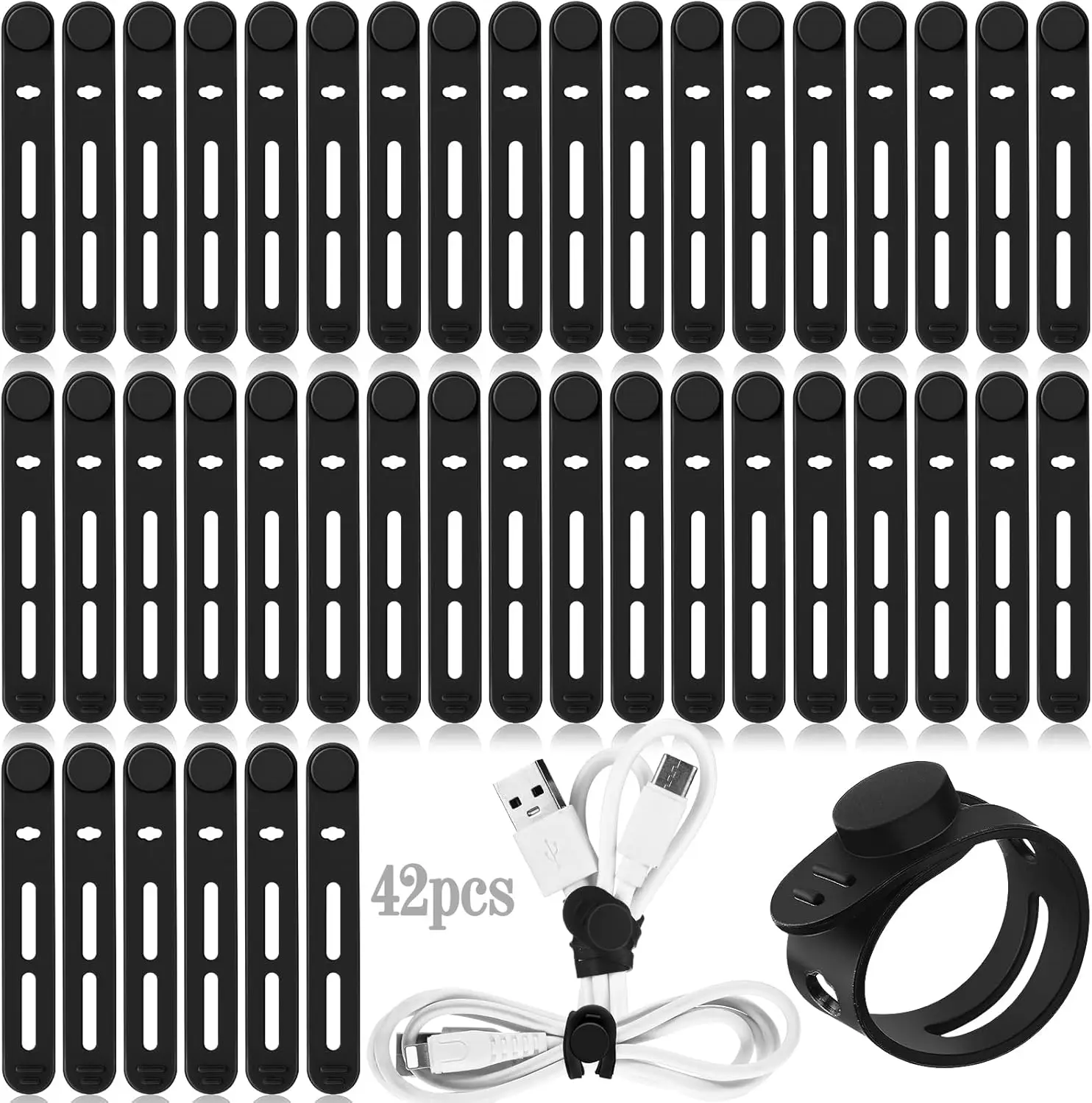 

42 Pcs Silicone Cable Ties Reusable Cord Organizer for Earphone Phone Charger Computer Cord Management Travel Essentials Black
