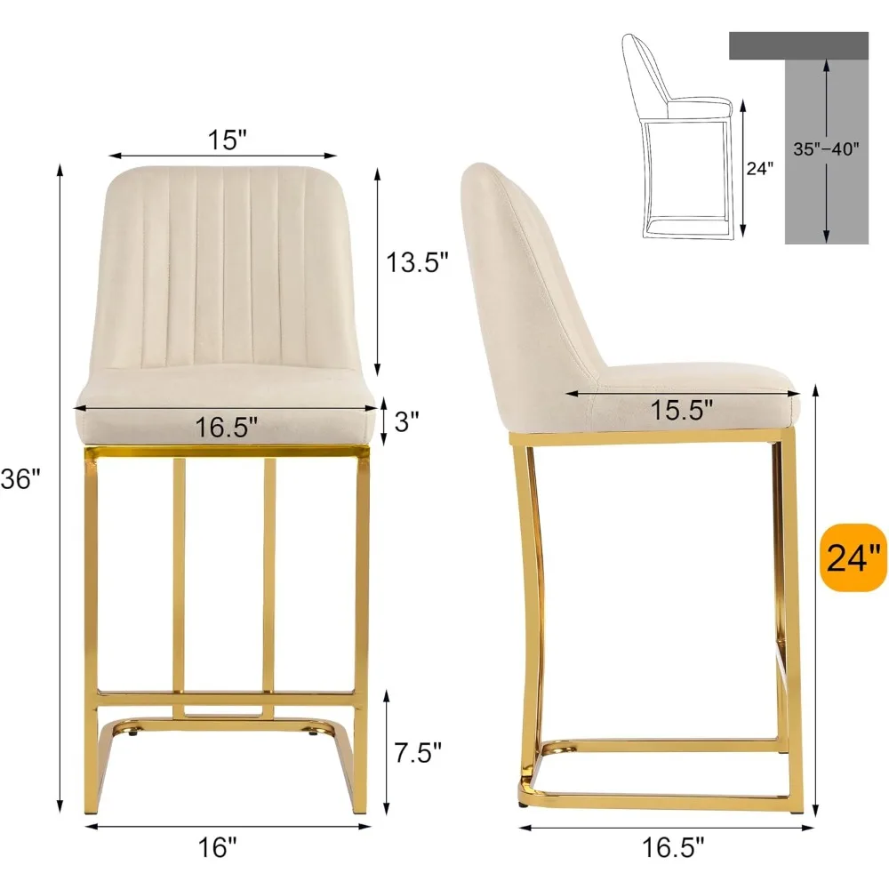 Bar Stool Set (2 Stools), 24 Inches High, with Padded Backrests, Leather, Gold-plated Metal Frame