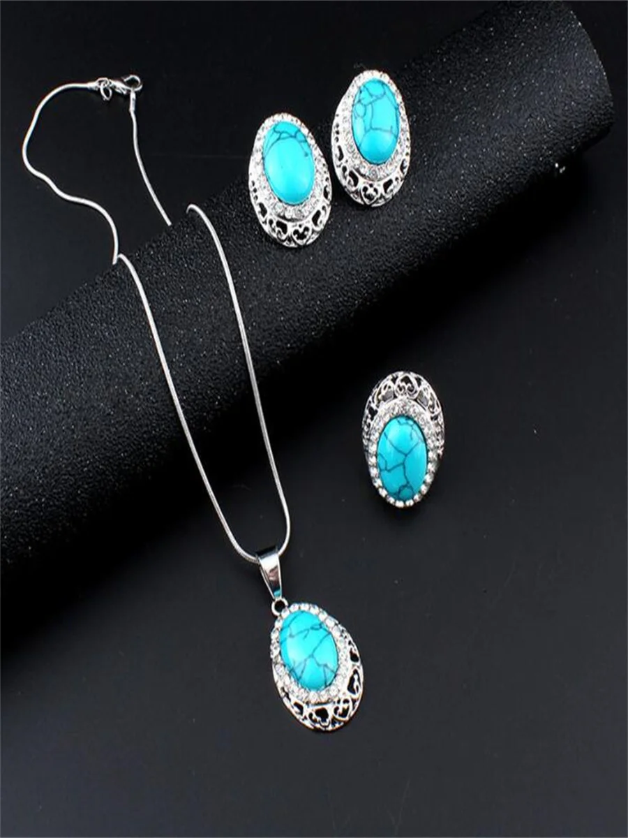 Blue turquoise snake bone chain earrings necklace ring set of three