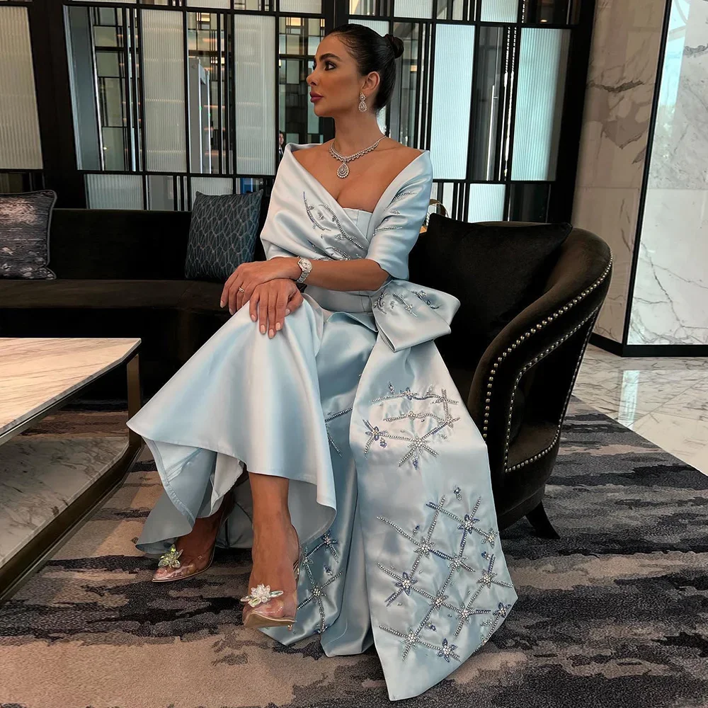 STEVDITG Luxury Dubai Blue Mermaid Arabic Evening Dresses with Cape Shawl Beaded Elegant Women Wedding Guest Party Gown