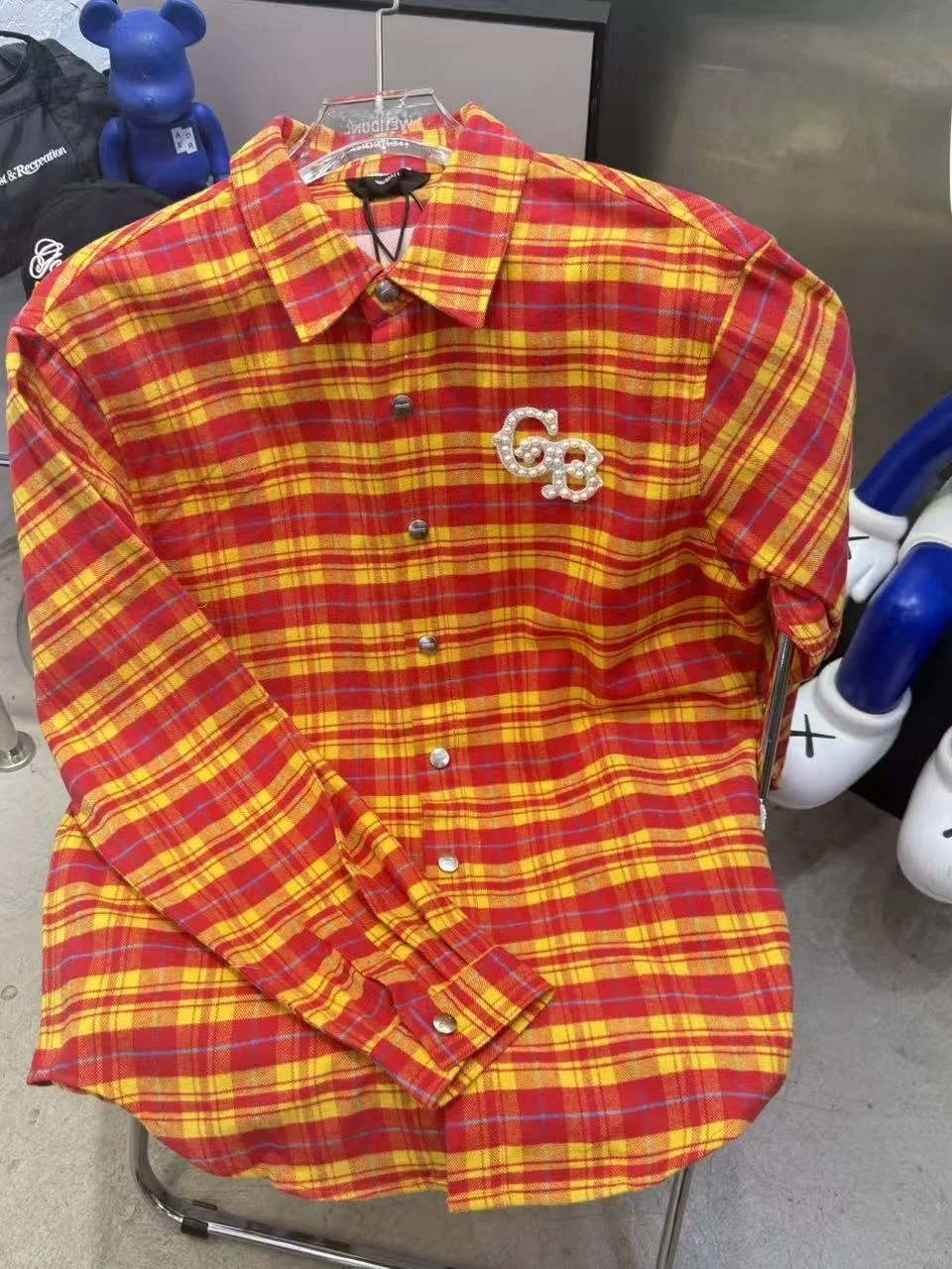 

Retro Plaid Pearl Decorated Loose Long Sleeve Shirt Men's Casual Button up Top Cotton Vintage Style Spring Autumn Base Layer