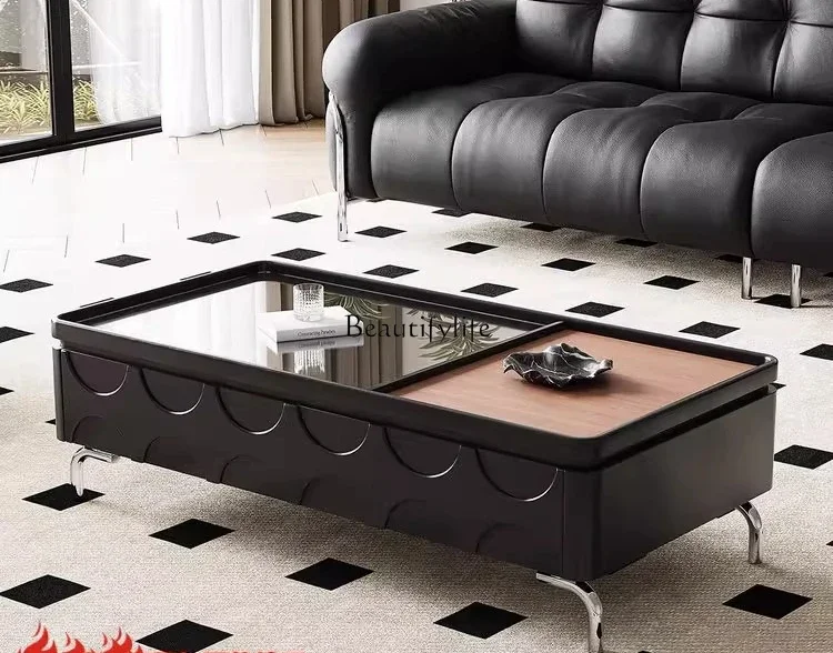 

3Black High-End Coffee Table Simple Living Room 2025 Tempered Glass Top Vintage Wabi-Sabi Style Coffee Table
