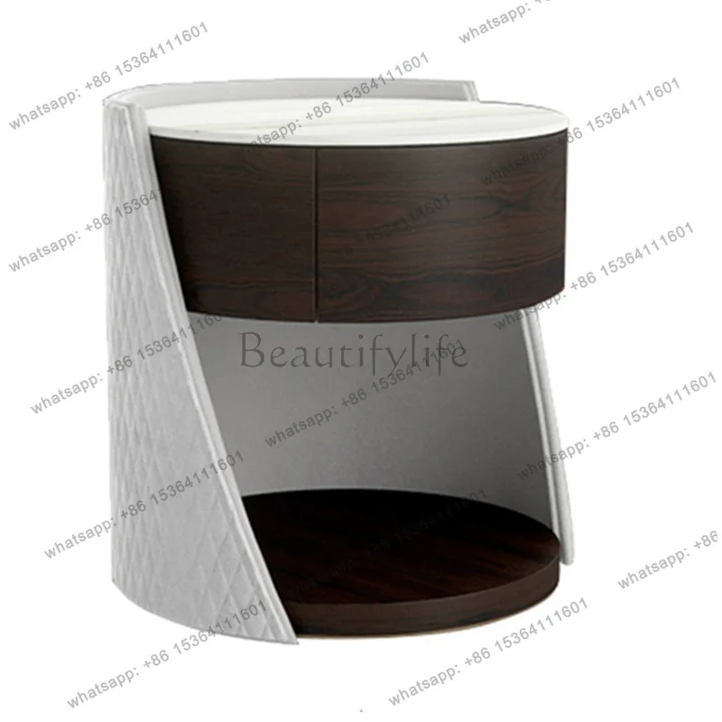

Italian bedside table walnut color round creative round solid wood cabinet