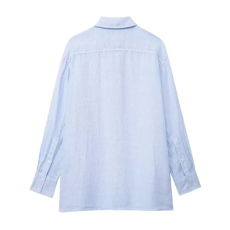 Blue Long Shirt Woman Collar Oversize Linen Shirt For Women Summer Pleated Long Sleeve Blouses Stylish Button Up Shirt