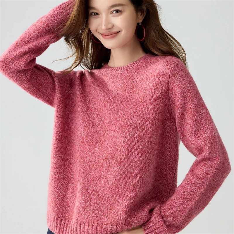 Autumn Winter Women's 100%Cashmere Pullover Sweater O-Neck Plain Solid Heather Marled Mellow Gentle slouchy Long Sleeve Knit Top