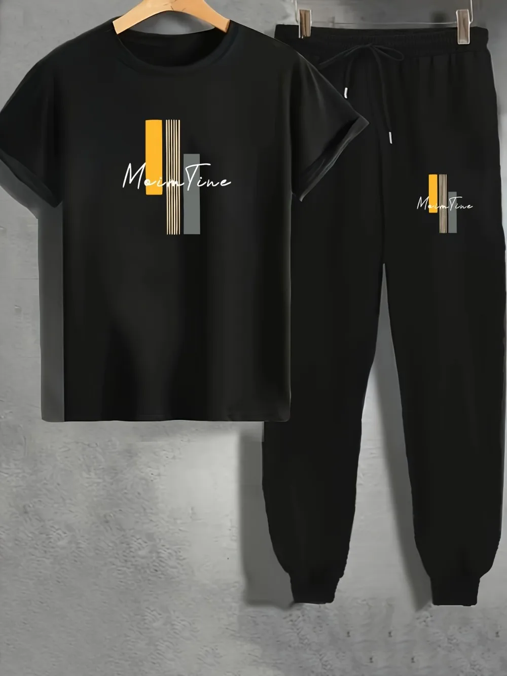 New men's summer striped letter printed polyester comfortable and breathable round neck T-shirt pants set outdoor casual clothin