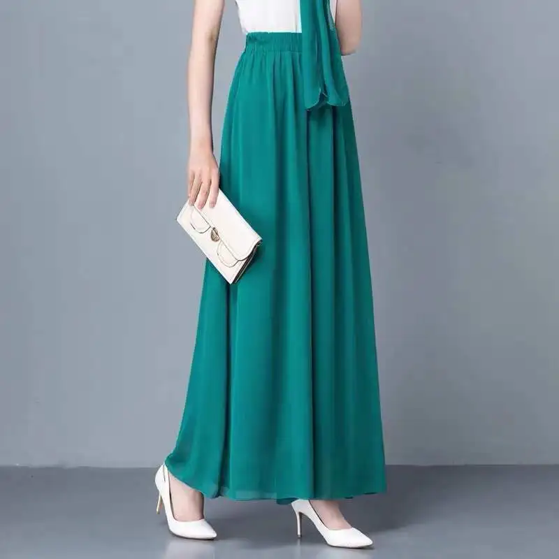 

2024 Spring Summer New Fashion Simple Thin Chiffon Wide Leg Pants Women Solid Elastic High Waist Loose Casual Straight Trousers