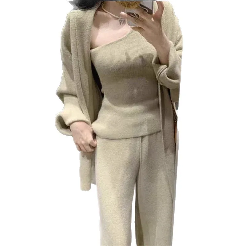 Elegant Women's Three Piece Knitted Wool Sweater Jacket, Single Shoulder Vest, High Waist Wide Leg Pants Casual Street Warm Suit