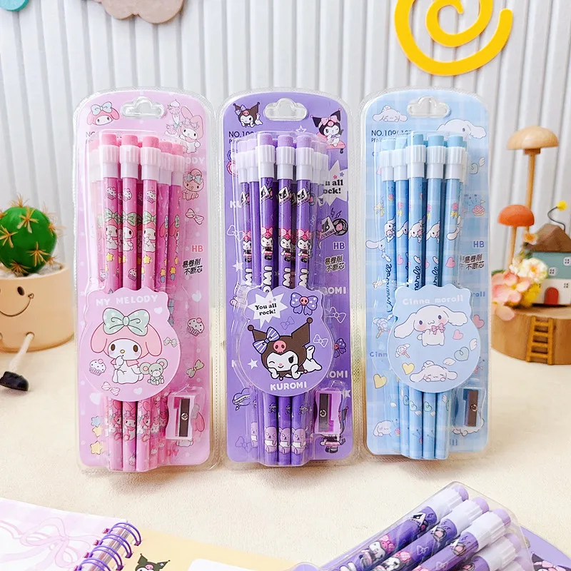 12 Stück Sanrio süße Bleistifte mit Bleistiftspitzer Kuromi Cinnamoroll Melody Return To School
