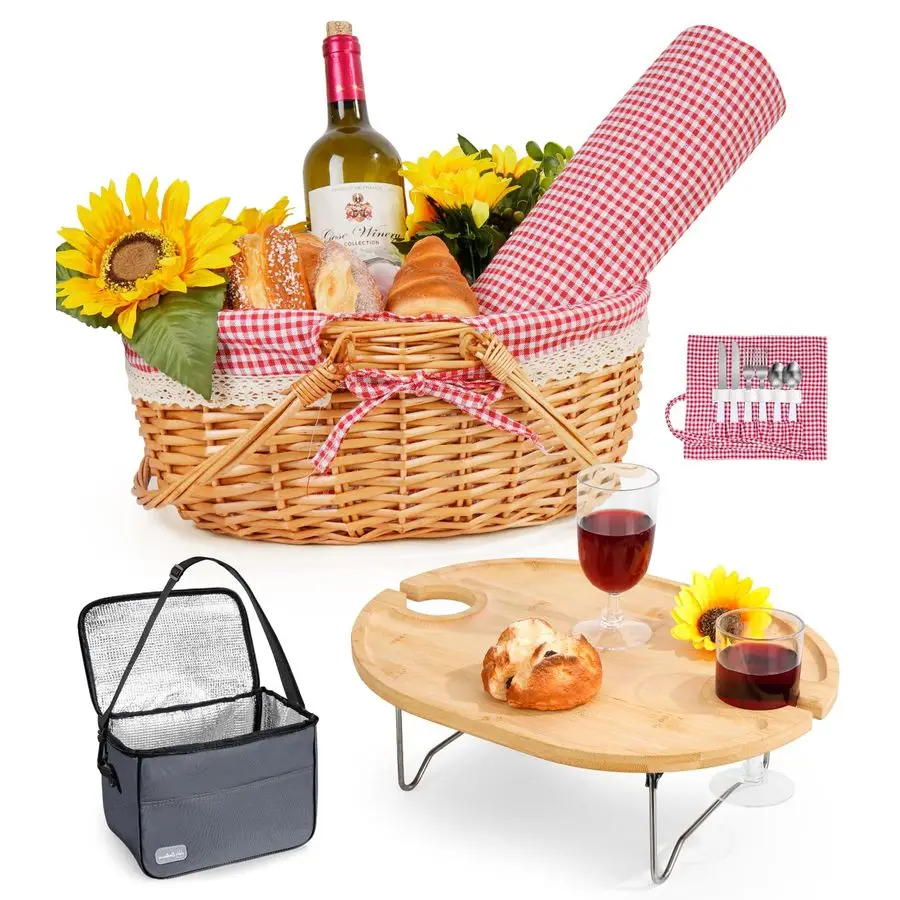 

Basket for 2 with Table and Blanket Collapsible Cooler Bag Insulated Picnic Set for Beach Picnic Hamper Picnic Date Essentials f
