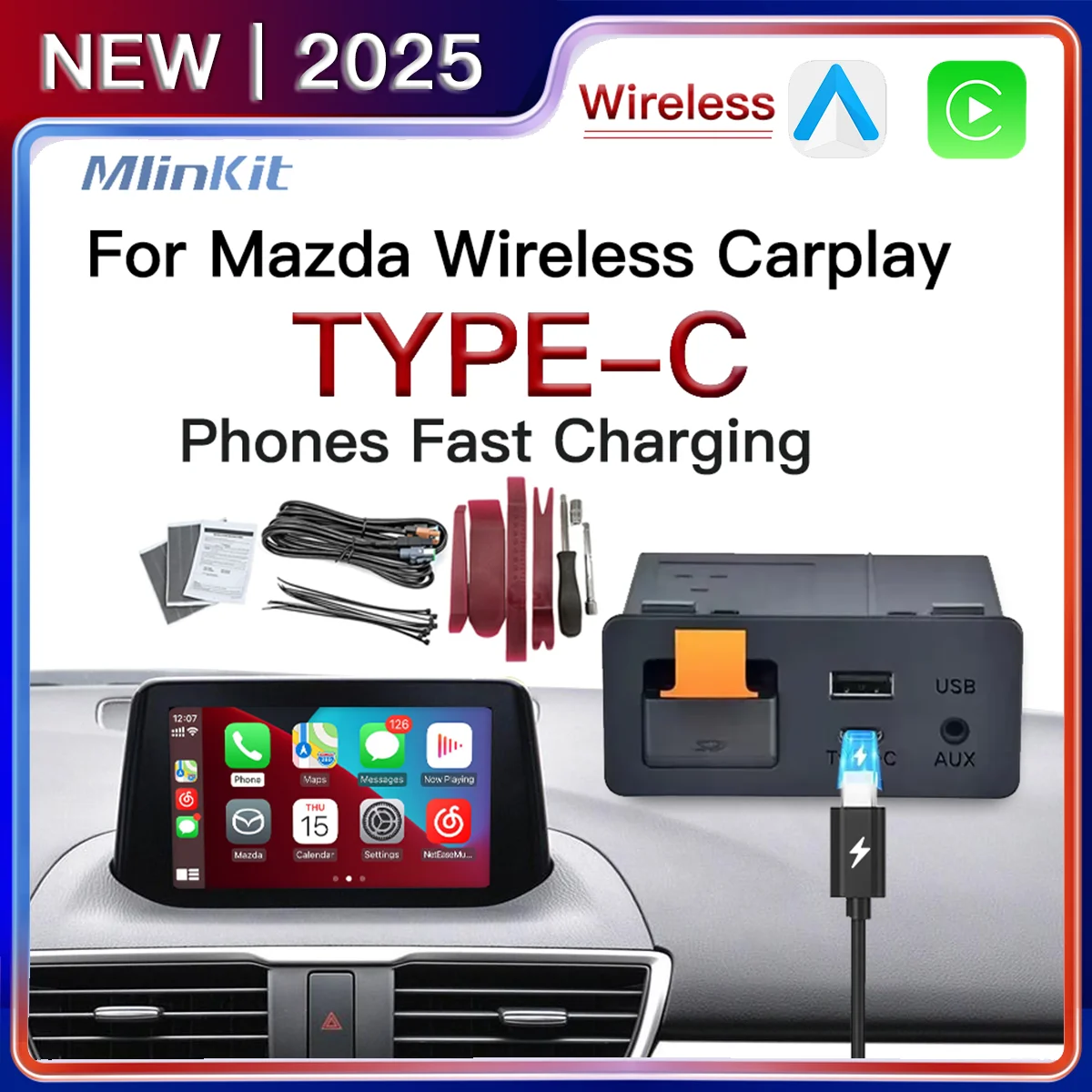 Type-C CarPlay Wireless Android Auto USB Adapter for Mazda 2 3 6 CX3 CX5 CX8 CX9 MX5 Demio Miata P2 P3 TK78669U0C Retrofit Kit