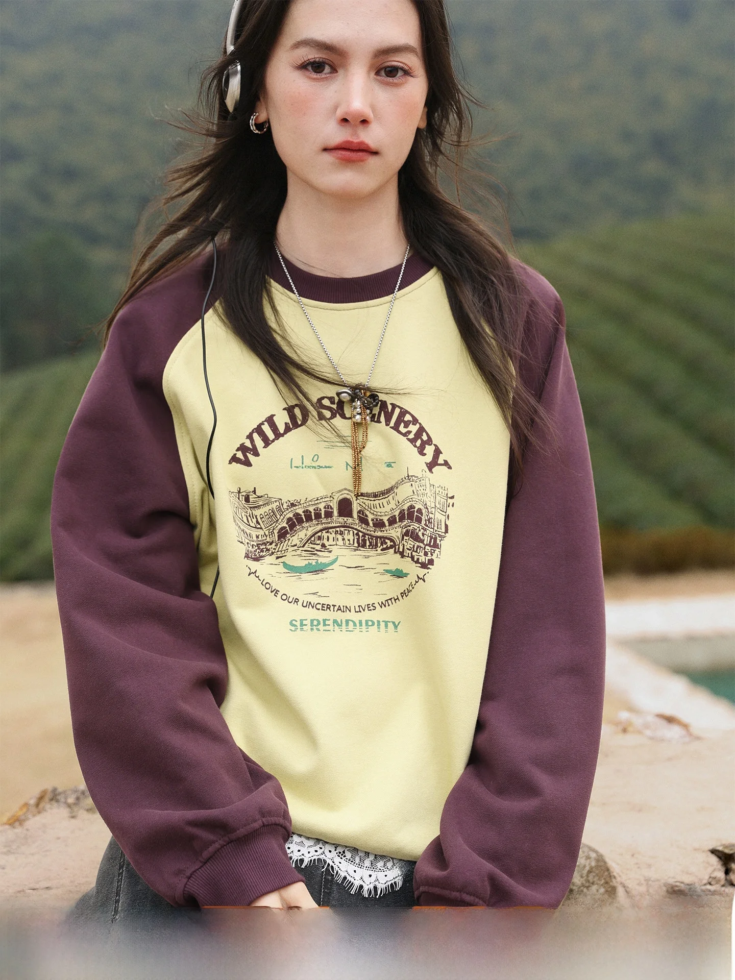 

Original Pattern Art Print Knitted Hoodie Sweatshirt Bridge Field Color Block Ladies Loose Fit Long Sleeve round Neck Vintage...