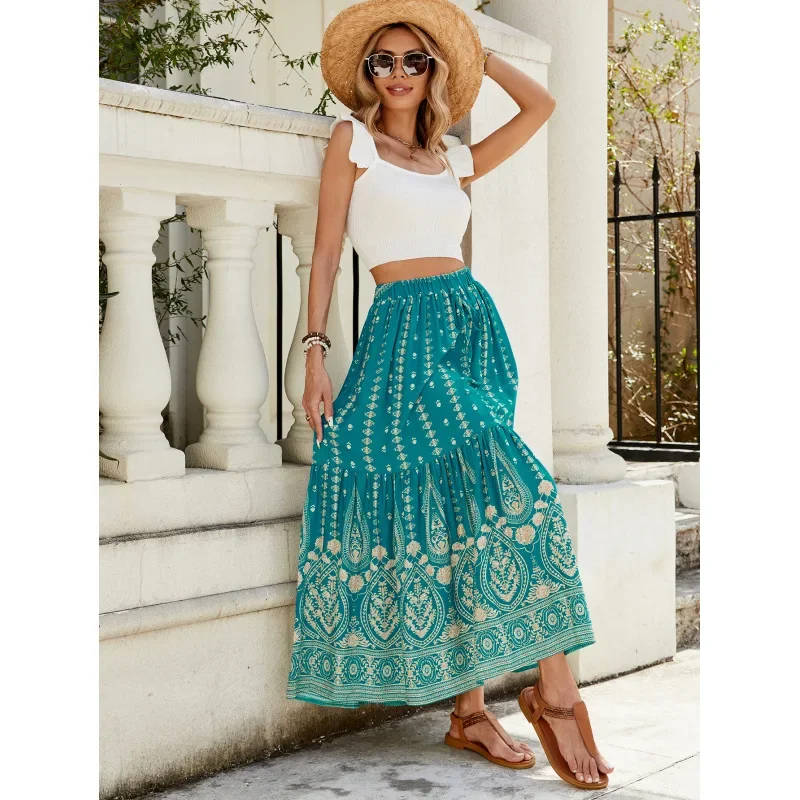 Skirts Women Spring Autumn 2025 cotton positioning printed splicing seaside exotic style swing Women's Skirts Clothing