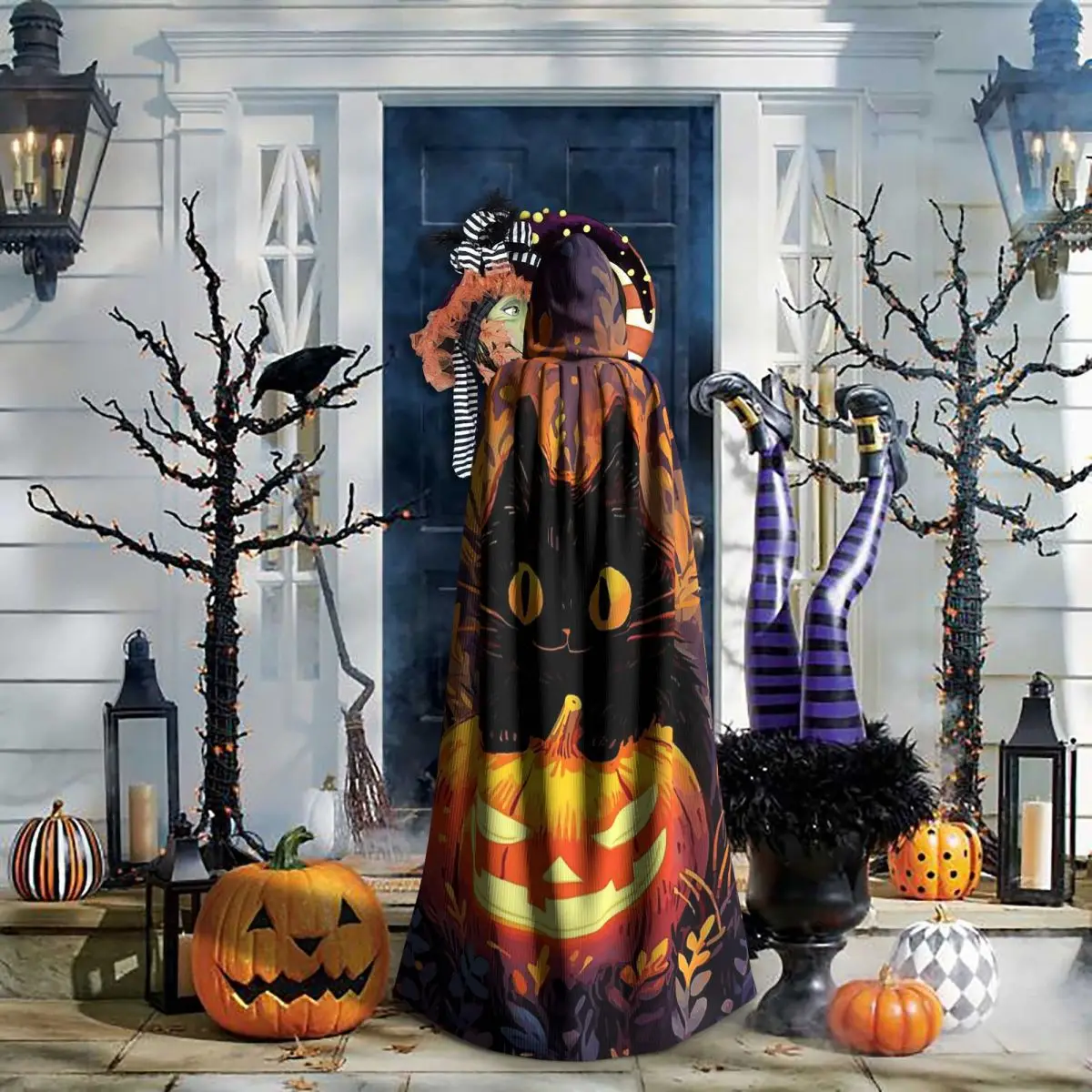 Capa larga con capucha de gatos negros y calabaza para Halloween, disfraz Medieval de bruja, capa de Cosplay, vampiro de Halloween, adulto, Unisex