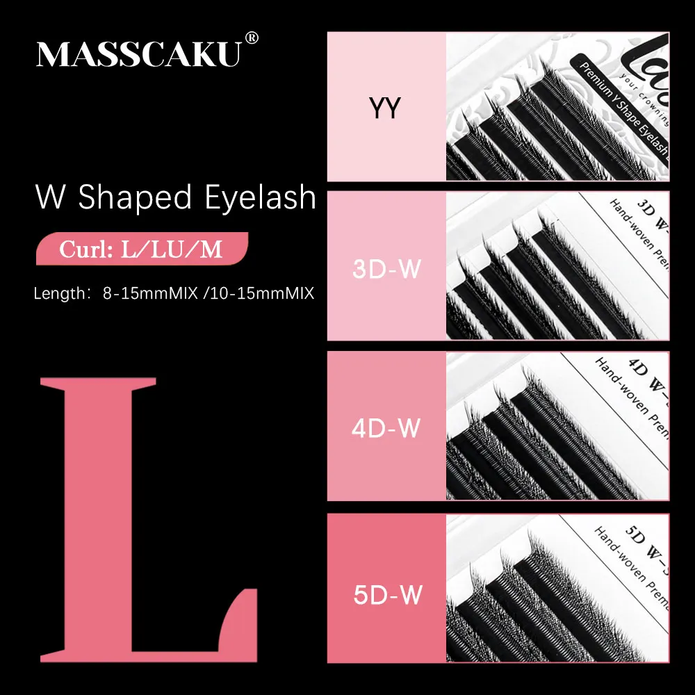 ขนตาปลอม MASSCAKU L/M/LU Curl YY W Design แบบ 3-5D เนื้อนุ่มเบาสบายเหมือนขนมิงค์ เหมาะสำหรับการสร้างชั้นเลเยอร์ให้ดูเป็นธรรมชาติ