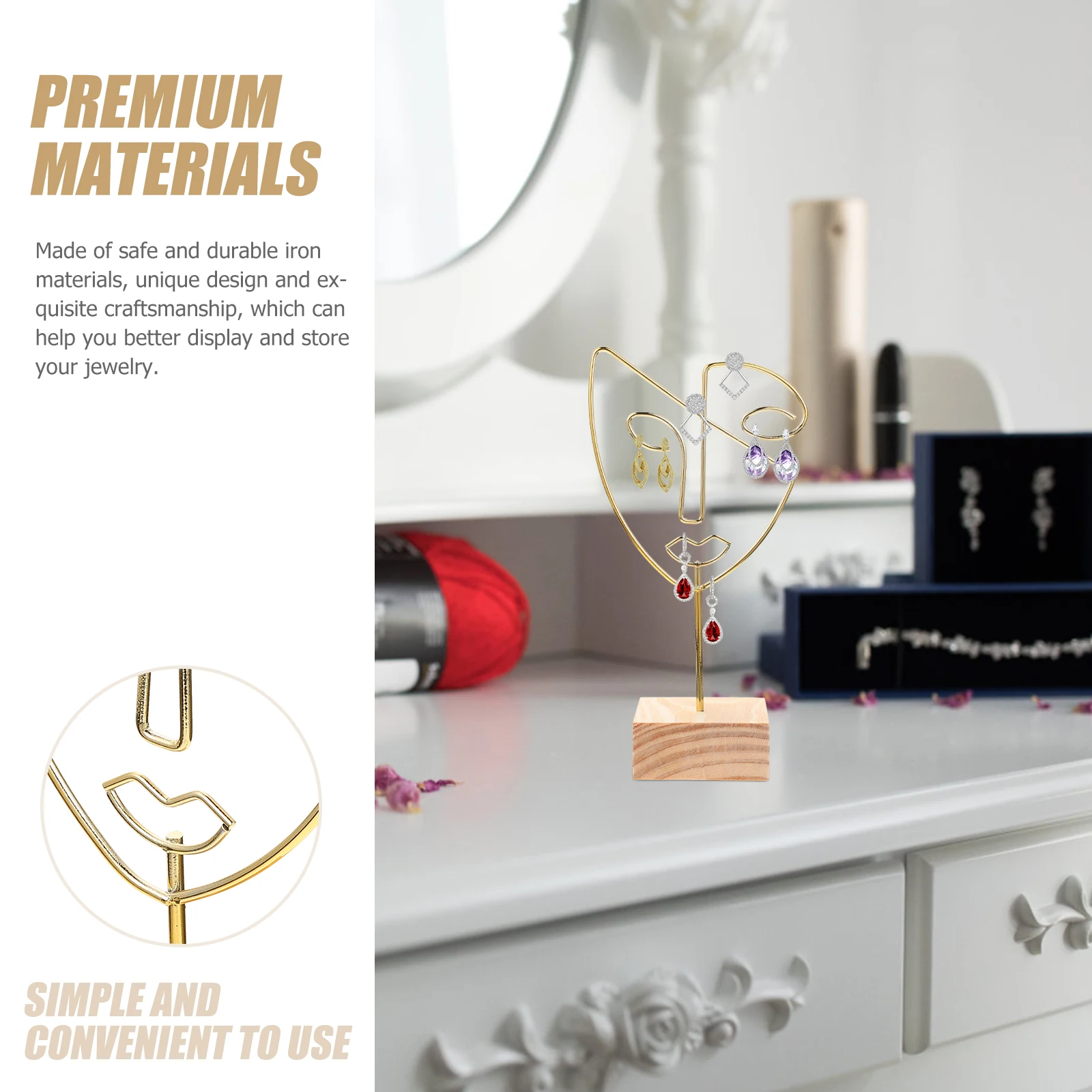 

Jewelry Display Rack Necklace Stand Desktop Hanging Organizer Iron Wood Craft Accessories European Style Golden