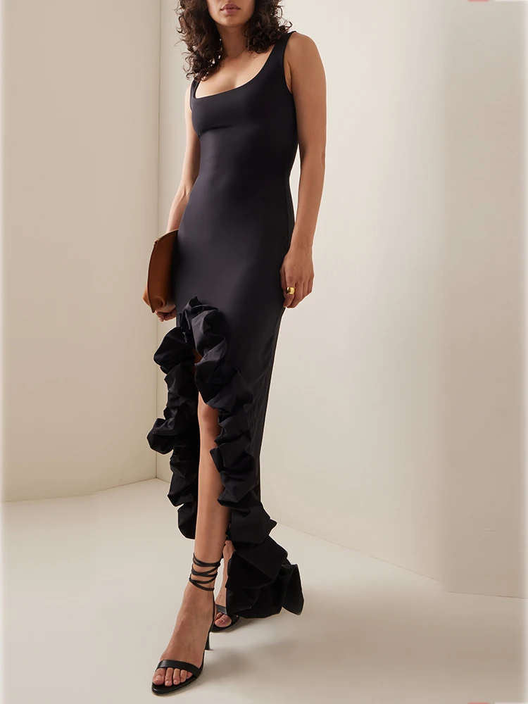 Sexy Sleeveless Ruffled Edges Slim Long Dress Women Elegant Black Spaghetti Straps Ruffle Split Dress Party Evening Runway Dress