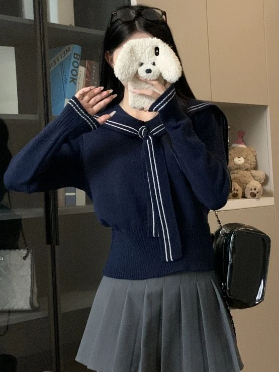 

2025 New Navy Collar Knitted Sweater Women's ort Sle Inner College Faion Slim Fit Top Trendy oulder awl Commute