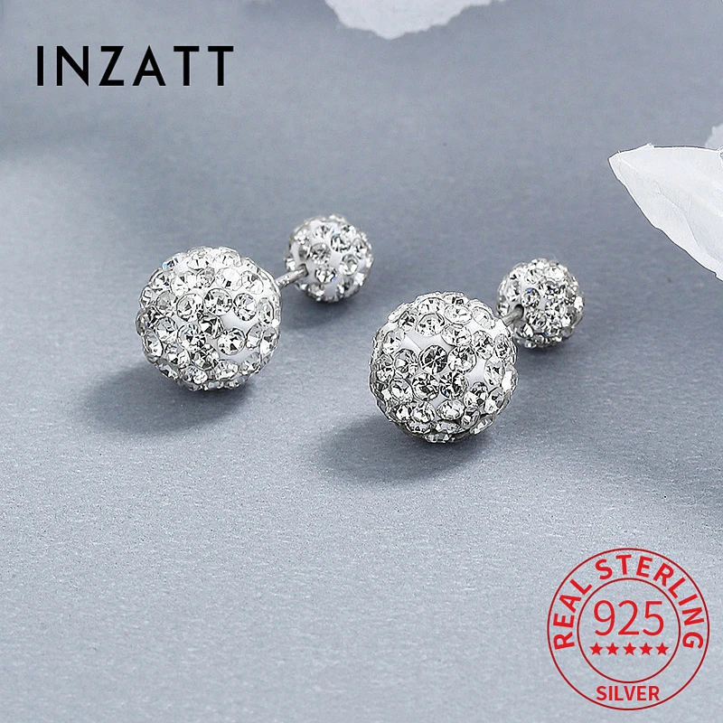 INZATT Real 925 Sterling Silver Zircon CZ Shambhala Bead Stud Earrings for Women Classic Fine Jewelry Minimalist Accessories