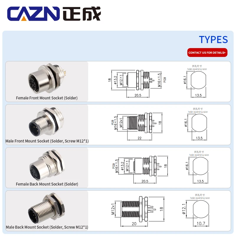 Factory M12 solder Type Panel Mount Socket Male Female 2 3 4 5 6 8 12 17Pins A B D Code Waterproof IP67 Female Male Socket