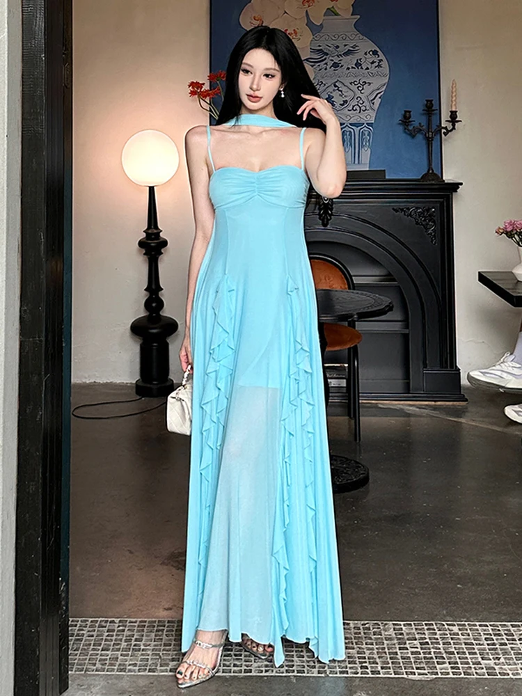 Mint Cool Fairy Girl Blue Tone Strapl Long Dr Women's Sa Drifting Gown Sweet Sle Svel Summer Season Polyester...