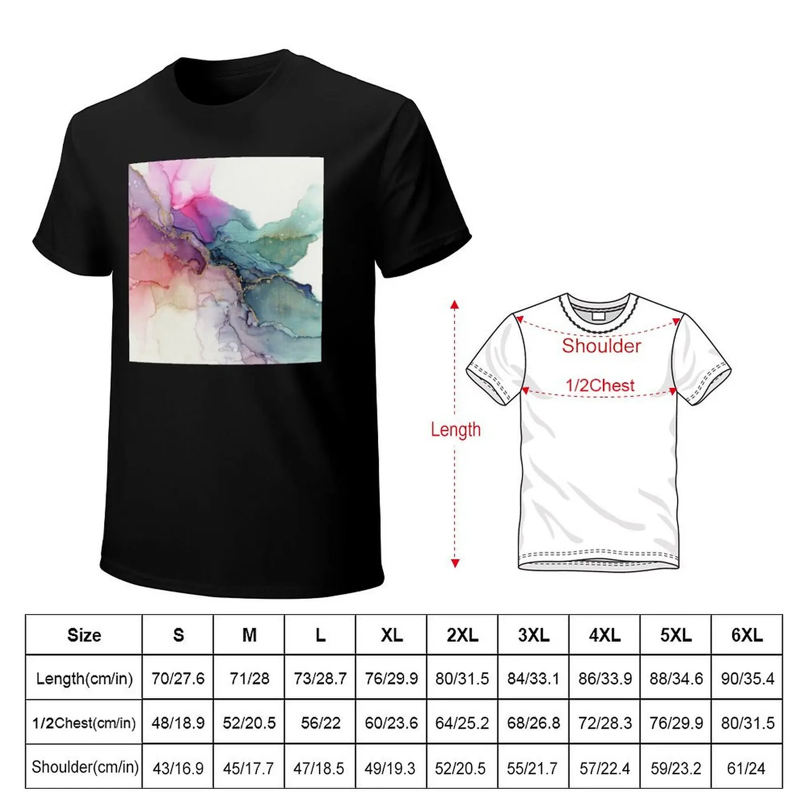 Abstract Coral Turquoise Gold Ink Painting on Canvas T-Shirt graphic t shirts anime clothes t shirts for men cotton