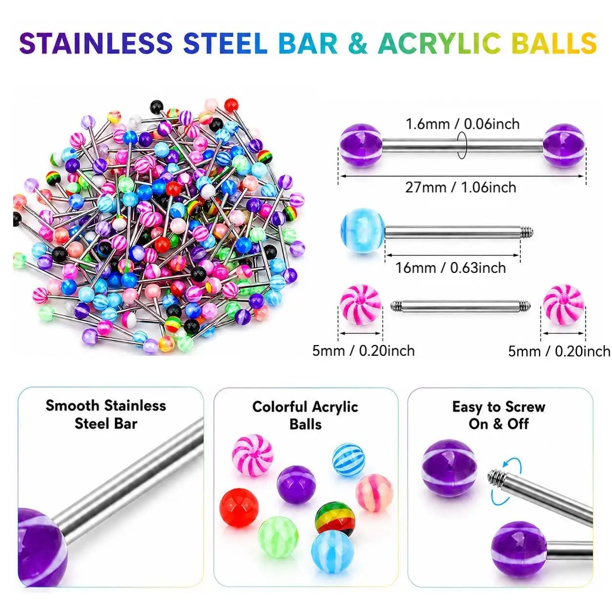 100-Piece 14G Tongue Rings Surgical Steel 16mm Bars 6mm Acrylic Balls screw-on acrylic balls mixed-color tongue piercing jewelry