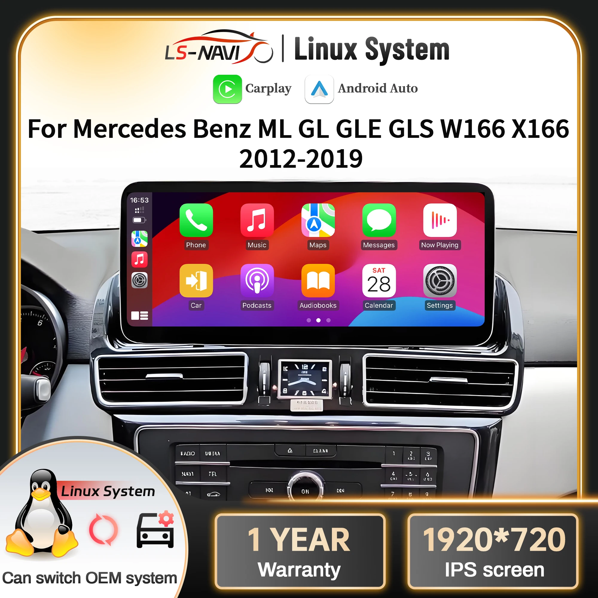 

Мультимедийный экран Linux для Mercedes Benz ML GL GLE GLS W166 X166 2012 2013 2014 2015-2019, автомобильный радиоприемник с сенсорным беспроводным Carplay