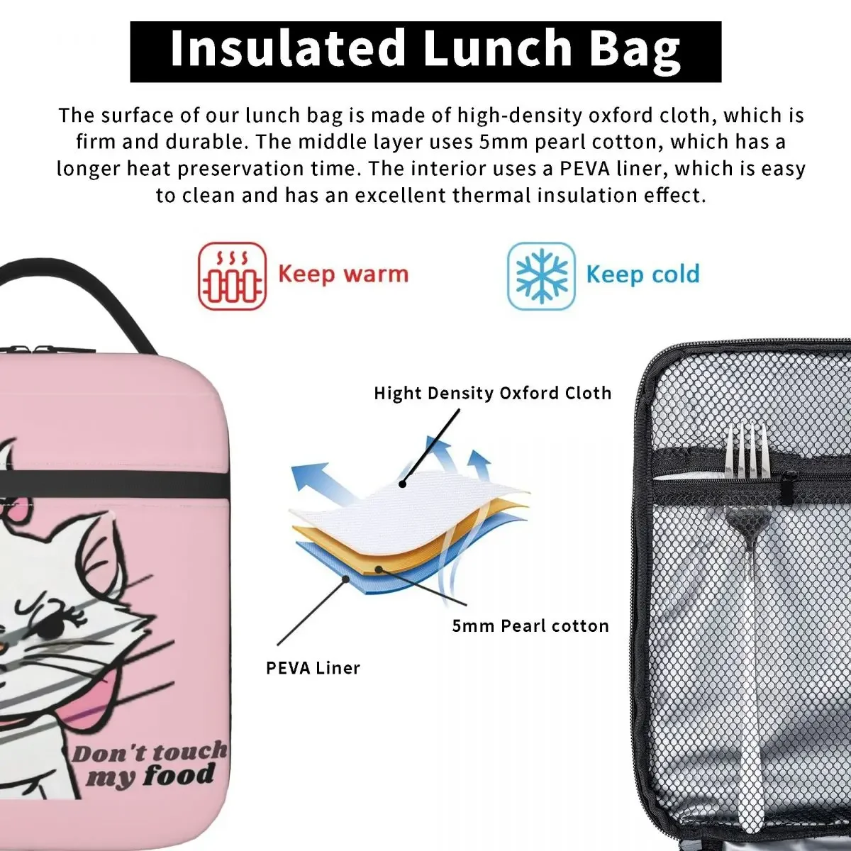 Don\'t Touch My Food Cute Marie Cat Insulated Lunch Bag Thermal Bag Meal Container Large Lunch Box Tote Bento Pouch Outdoor