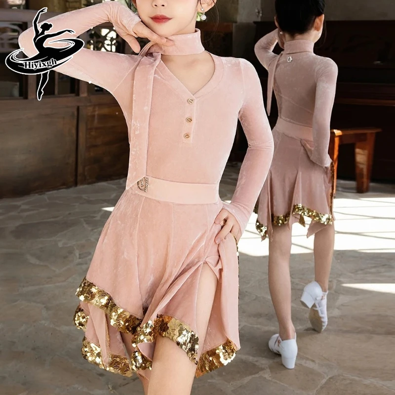 

Детское платье для латиноамериканских танцев для девочек, розовый топ с длинными рукавами и V-образным вырезом, юбка с пайетками, комплект для выступлений в стиле ча-ча, самба, соревнований