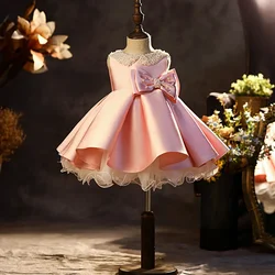 Kid Girls Wedding Party White Dress Luxury 2024 Children Elegant Ball Gowns 1St Birthday Evening Dresses Photoshoot Costume Pink