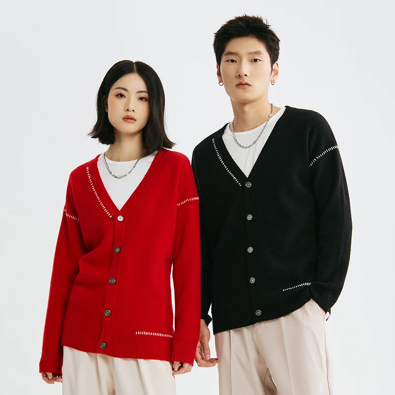 100% wool knit cardigan men's and women's Korean version simple V-neck long-sleeved coat spring and autumn lovers trend sweater