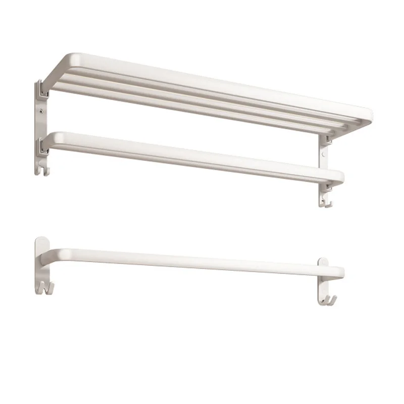 White Towel Rack Foldable Wall Mounted Aluminium Shelves Toilet Bathroom Hardware Pendant Set Bath Towel Holder Rod