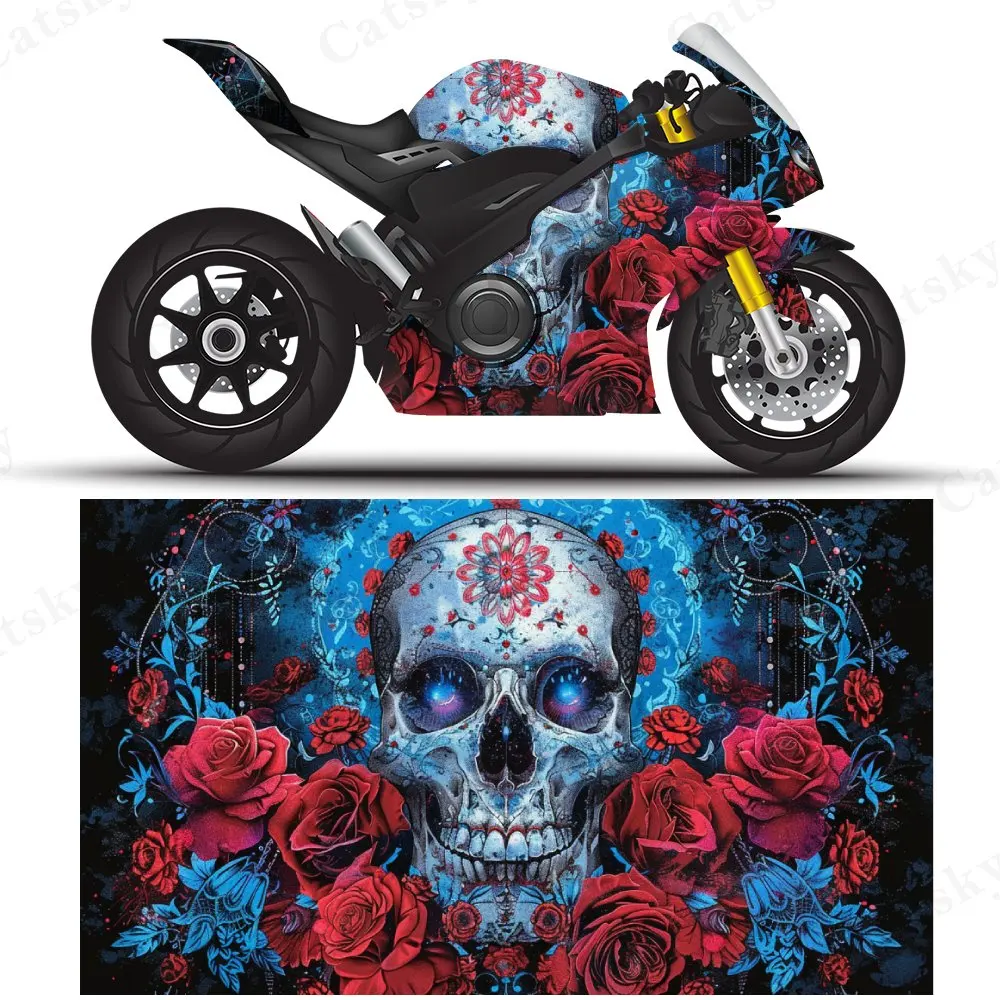 

Skull & Roses Blue Tone Style Motorcycle Vinyl Wrap, PVC Self-Adhesive Waterproof Motorcycle Sticker, Anti-Scratch Decorative Fi