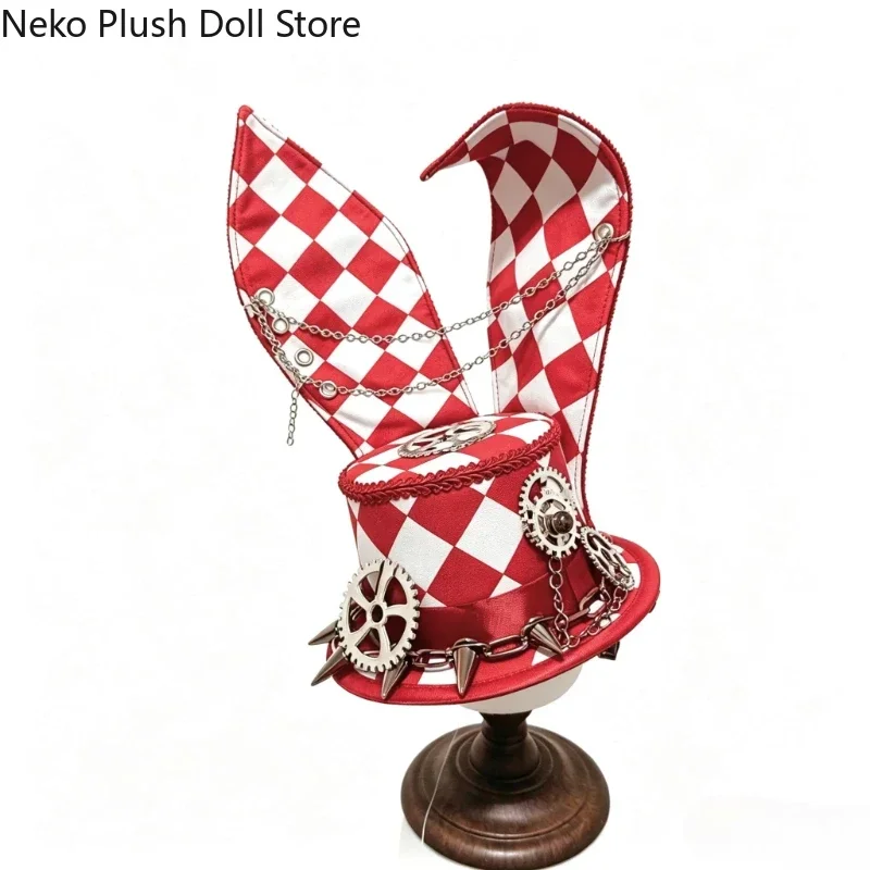 Chapeau à oreilles de lapin de style gothique lolita, à carreaux, fait à la main, design original d'anime, accessoire de cosplay pour Halloween et Comic Con.