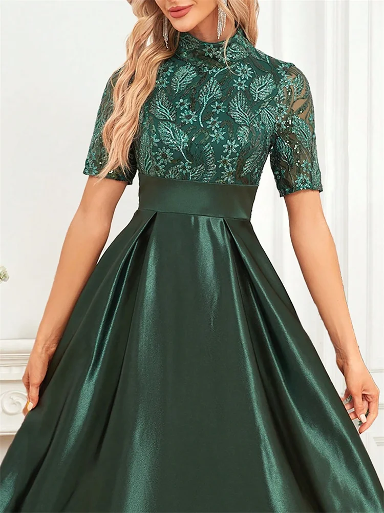 Elegante manga curta formal vestido de noite 2025 feminino o-pescoço cetim vestido de festa até o chão verde cocktail vestidos de formatura