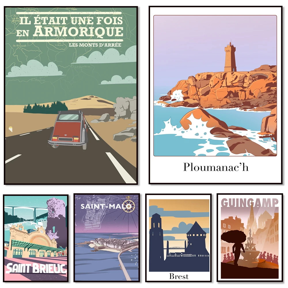 Saint-Brieuc, PloHumanc, Louannec, faro Nantouar, Saint-Michel-en-Greve, Brittany, Brest impresión de carteles de viaje del horizonte
