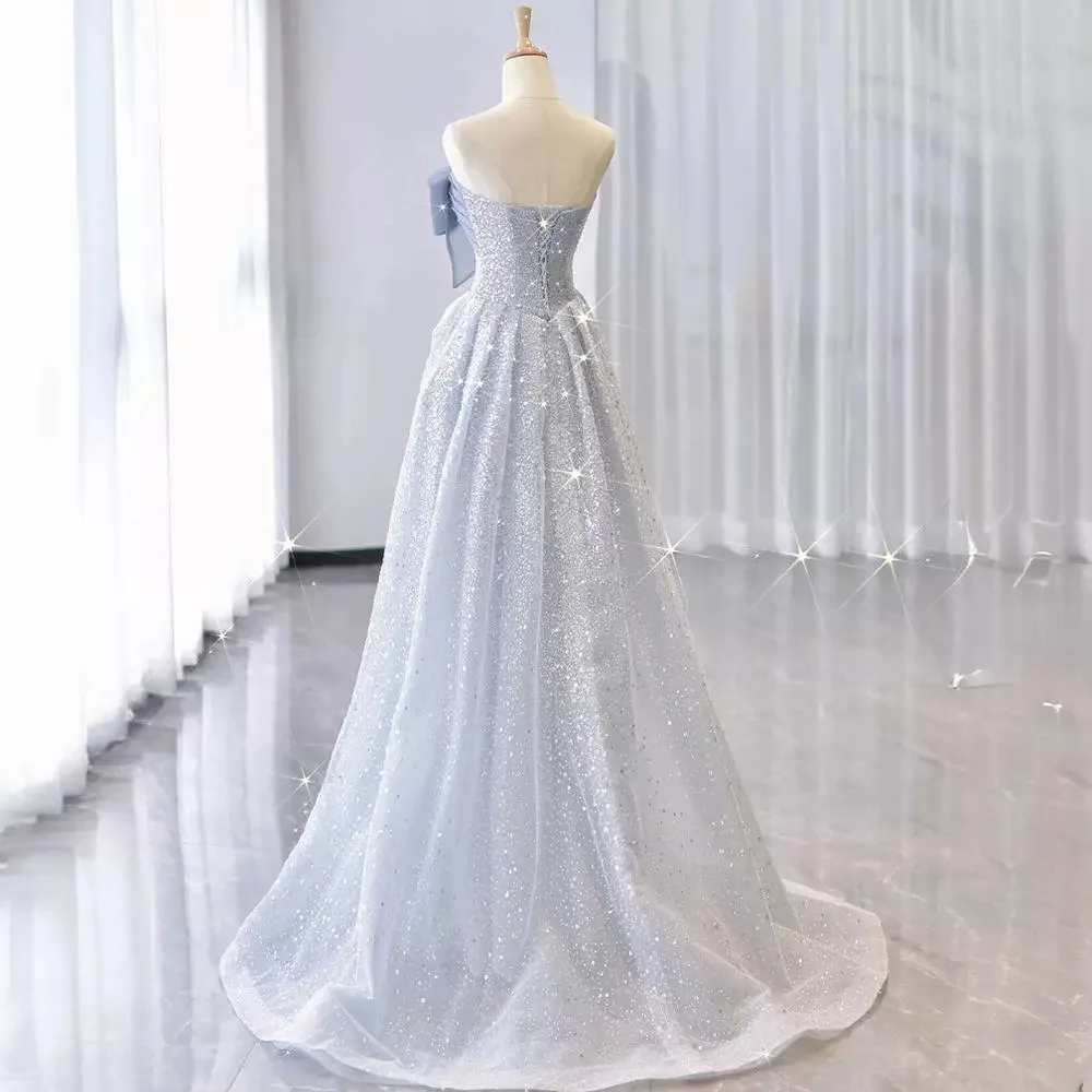 Simple Blue Soft Tulle Korea Prom Dresses Luxury Strapless Lace Up Evening Gowns For Women Wedding Party Dress Formal Prom Gown