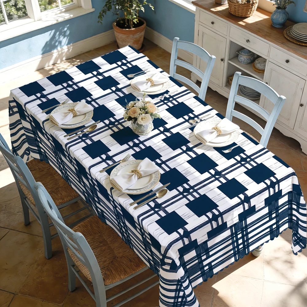 Modern Geometric Tablecloth with Checks & Hexagons for Indoor/Outdoor Camping decor, Rectangular/Round/Oval