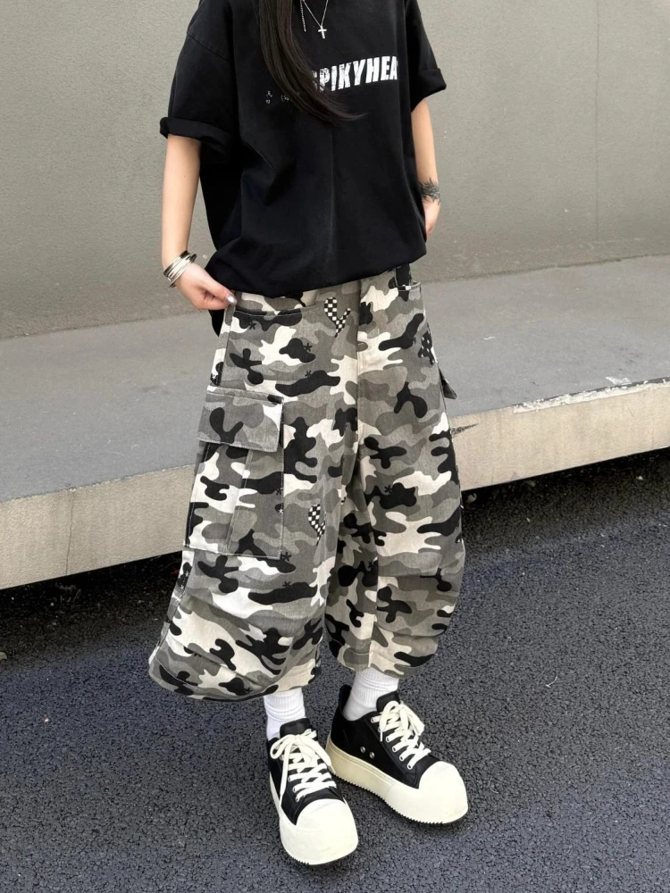 HOUZHOU Vintage Camouflage Denim Shorts Women Grunge Harajuku Wide Leg Shorts American Retro Punk Boyfriend Baggy Jeans Shorts