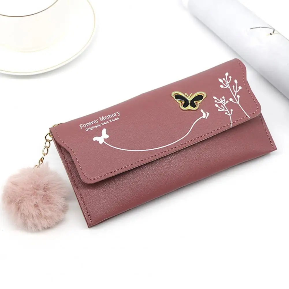 

Women Purse Lightweight Long Compartment Button Closure Exquisite Clutch Bag Faux Leather Butterflies Embroidery Card Holder for