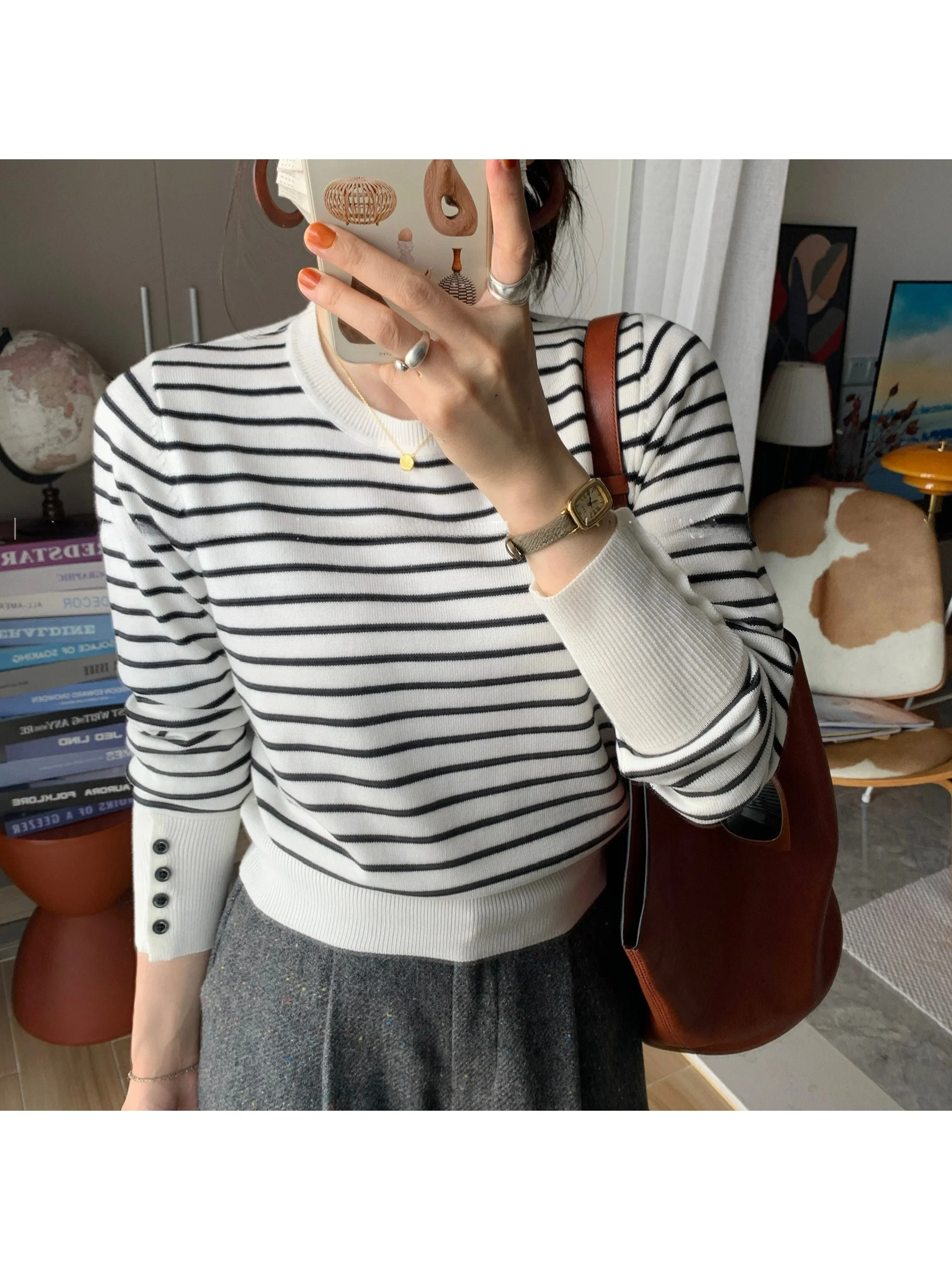 

Женская трикотажная основа Miss White Bellflower irt Button Sve round Ne в полоску из мягкой шерсти, свободная посадка для поездок на работу