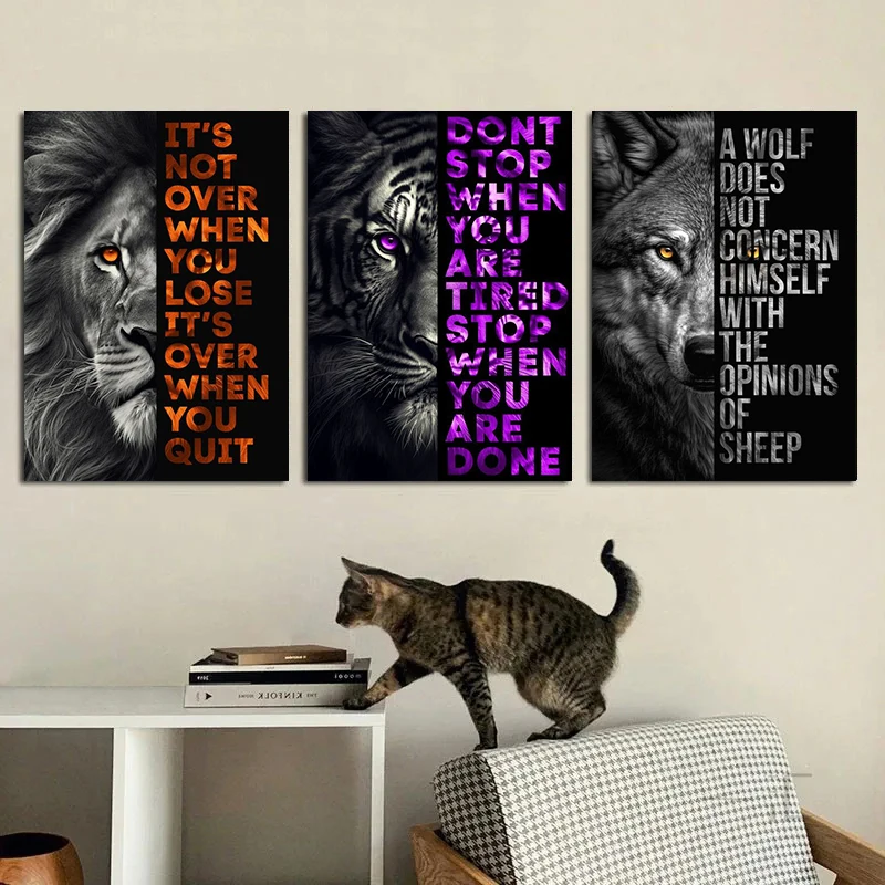 Lion Tiger Wolf Leopard Motivation Quotations Poster Canvas Painting Prints Wall Art for Living Room Bedroom Home Decor Cuadros