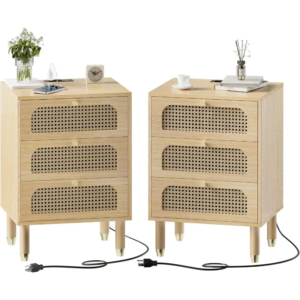 Rattan Nightstands Set of 2 with Charging Station, 19